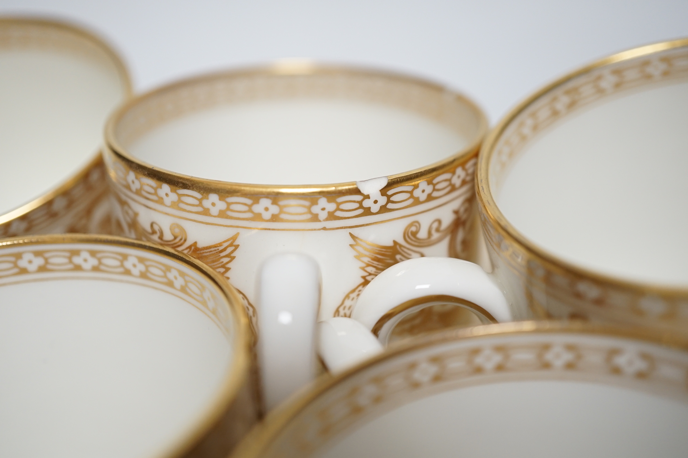A Wedgwood Gold Florentine dinner and coffee service, mostly 8-12 settings, largest 39cm wide